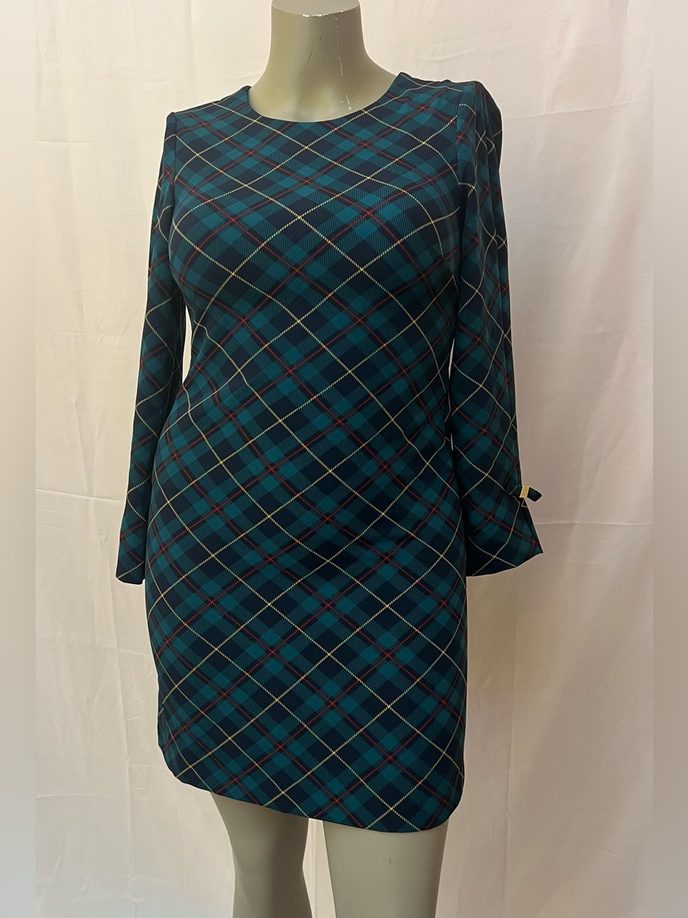Tommy Hilfiger Teal Plaid Long-Sleeve Shift Dress